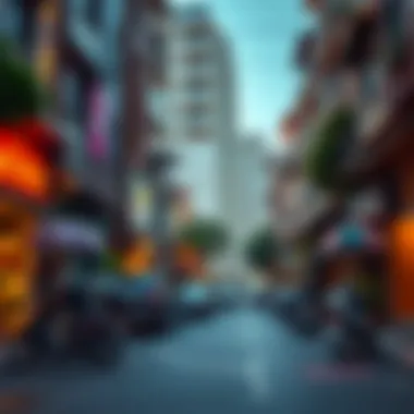 A vibrant neighborhood scene surrounding the Dirham Building, illustrating community dynamics
