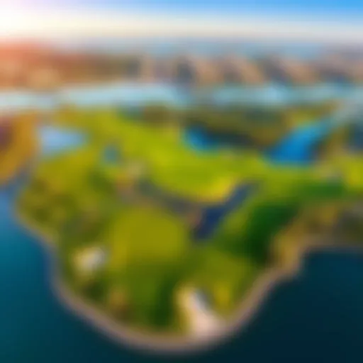 Aerial view of an iconic golf course in Dubai showcasing its lush greens and water features