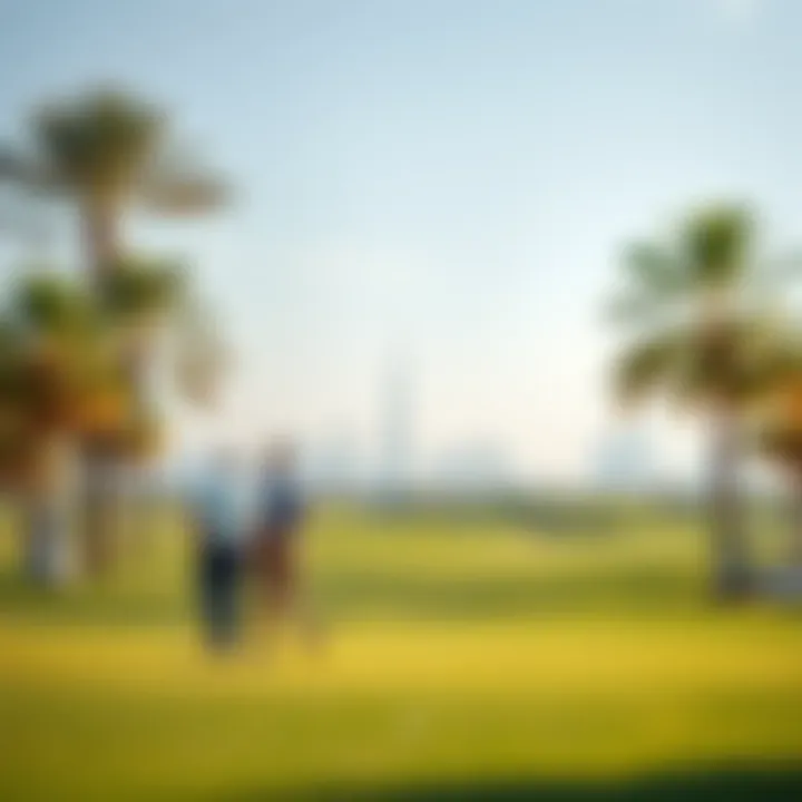 Golfers enjoying a sunny day on a beautifully designed golf course with palm trees and skyline