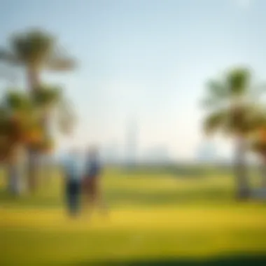 Golfers on Course in Dubai Golfers enjoying a sunny day on a beautifully designed golf course with palm trees and skyline